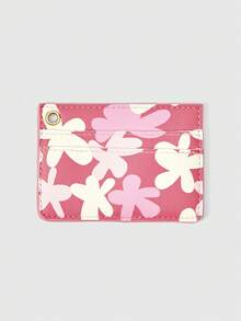 ROMWE Kawaii Rose Red Background Colored Flower Card Bag With Lanyard Hole Design Card Holder, Mini Short Wallet. - Hot Pink - View 1