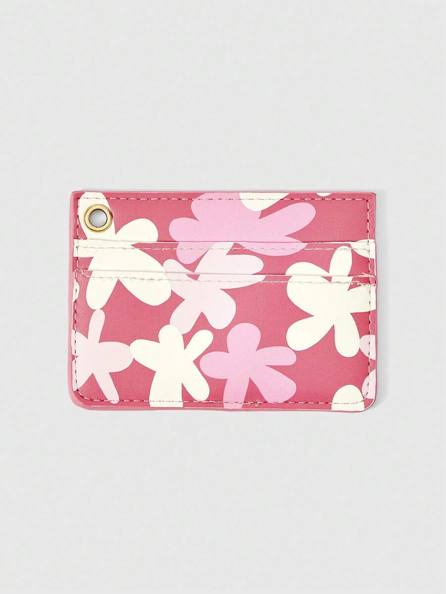 ROMWE Kawaii Rose Red Background Colored Flower Card Bag With Lanyard Hole Design Card Holder, Mini Short Wallet. - Hot Pink - View 1