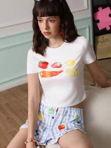 Chillnights Fruit Vegetable Print Knit Comfortable Casual Cute Pajama Set, Short Sleeve Top And Shorts For Women Sleeping Multicolor Blue And White Striped Summer - Multicolor - View 6