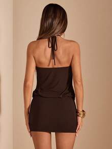 SHEIN BAE Deep Draped Neck Backless Mini Knit Dress, Sexy Black Summer Dress, Suitable For Beach Vacation And Outings - Coffee Brown - View 2
