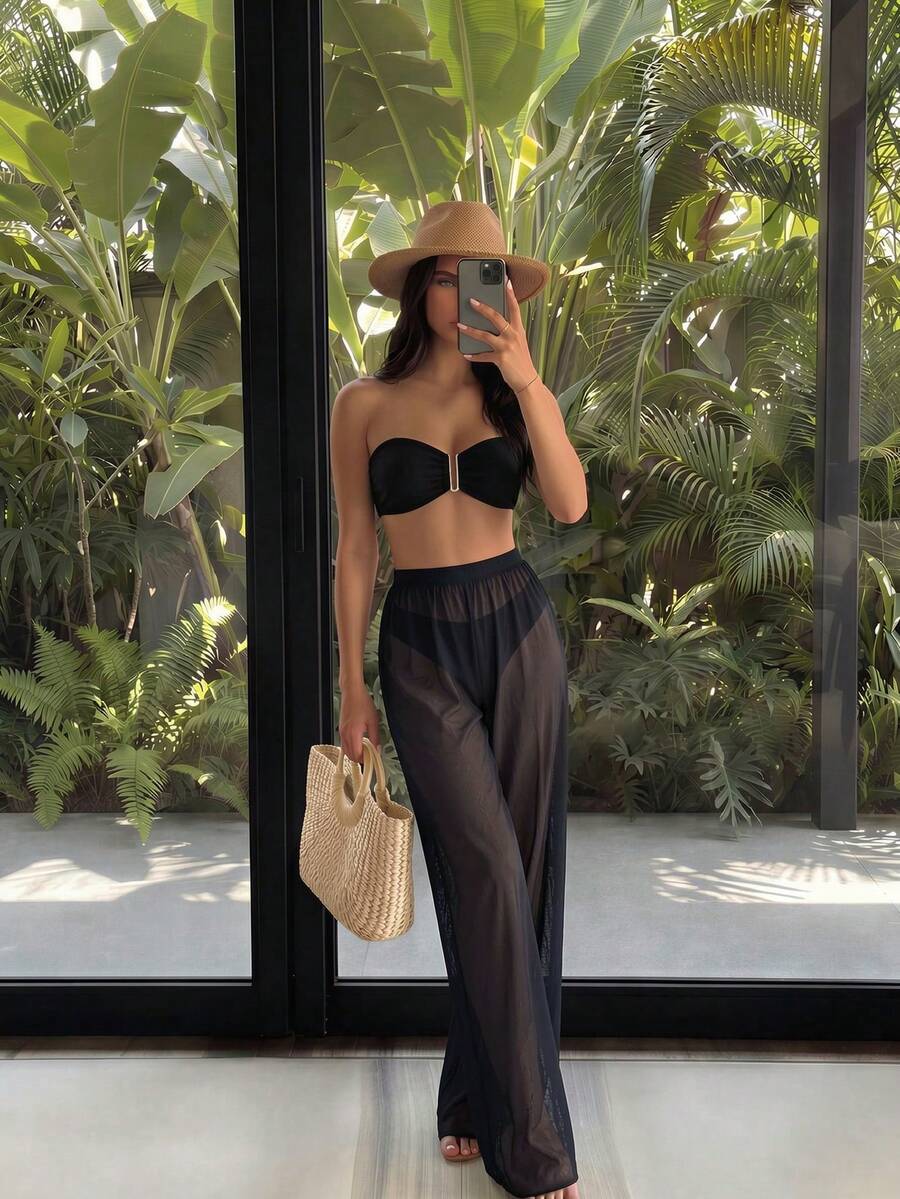 Costavie Summer Beach Plain Bandeau Bikini Set With Cover Up Pants