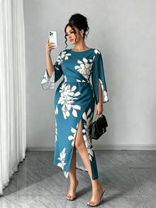 Elenzga Đầm maxi cỡ lớn dành cho nữ, thanh lịch, tối giản, thích hợp mặc đi làm hàng ngày, hẹn hò, dự tiệc, gợi cảm, xẻ tà ở cổ tay, ôm sát, màu mơ, họa tiết hoa đen. - Fresh Green - Xem 5