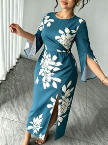 Elenzga Đầm maxi cỡ lớn dành cho nữ, thanh lịch, tối giản, thích hợp mặc đi làm hàng ngày, hẹn hò, dự tiệc, gợi cảm, xẻ tà ở cổ tay, ôm sát, màu mơ, họa tiết hoa đen. - Fresh Green - Xem 7