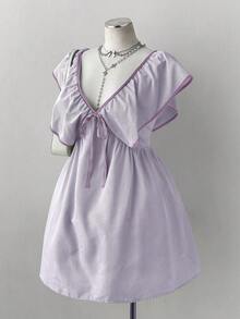 Sunspun Plus Size Women's Summer Light Green Striped V-Neck Ruffle Bow Tie Dress, Retro French Style Flutter Sleeve Tie Waist Short Dress - Purple - View 4