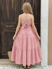 SHEIN Tween Girls' Summer Vacation Casual Bohemian Music Festival Solid Color Ruffle Hem Bowknot Dress, Spring/Summer - Pink - View 2