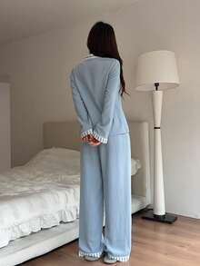 Napfluff Pink Striped Patchwork Lapel Long Sleeve Pajama Set - Sky Blue - View 2