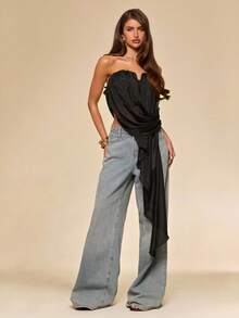 SHEIN BAE Black Asymmetric Ruched Chiffon Camisole Top, Summer Black Blouse - Black - View 1