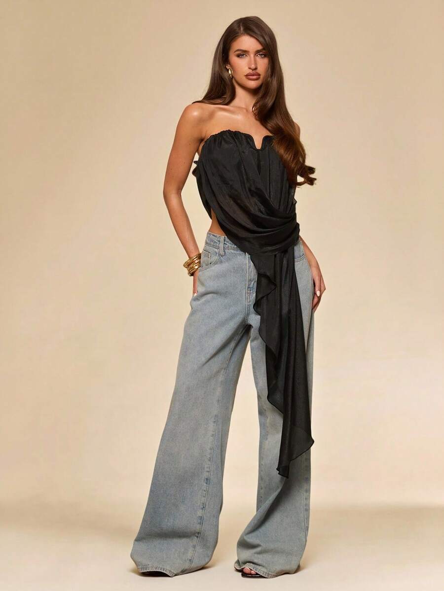 SHEIN BAE Black Asymmetric Ruched Chiffon Camisole Top, Summer Black Blouse - Black - View 1