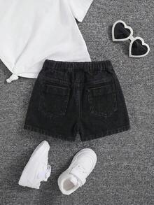 SHEIN Young Girl Casual Versatile Button Asymmetrical Hem Denim Skirt Shorts - Black - View 2