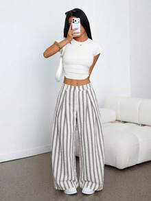 PETITE Pantalones anchos de verano con dobladillo curvo verde, estilo vintage, casual y para salir - Amarillo claro - Ver 4