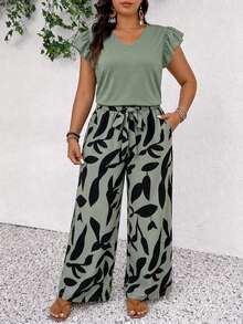 Lounesse Simple Leaf Pattern Colorblock Casual Top, Plus Size 2 Pieces Set - Multicolor - View 4