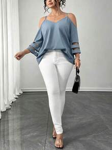 Elenzga Blus Hitam Wanita Ukuran Besar, Bahan Tenun, Model Reguler, Cocok untuk Musim Semi/Panas, Kasual, Modis, Cocok untuk Komuter, dengan Tali Bahu Tipis, Lengan 3/4, dan Panel Jala. - Dusty Blue - View 3