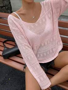 DAZY 女款寬鬆深V領長袖透視休閒上衣，都市街頭風秋季度假粉色格紋校園風T恤 - 粉色 - 查看 4