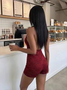 FavEase Bộ jumpsuit ren gợi cảm cổ chữ V sâu, hở lưng, kiểu yếm, dành cho nữ, thích hợp cho mùa hè. - Màu Đỏ Sâu - Xem 2
