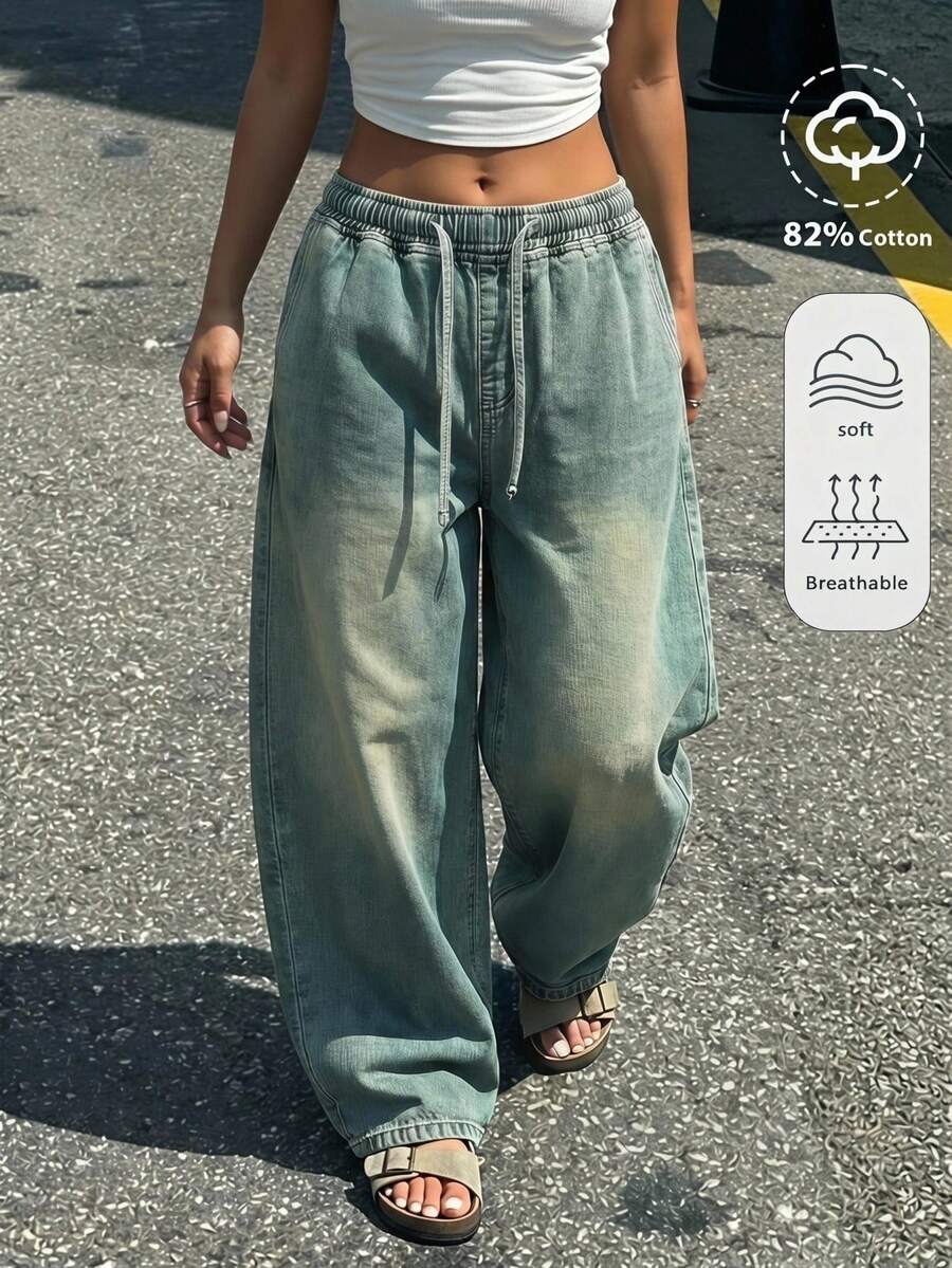 SHEIN 少女时尚休闲 Y2K 复古酷炫街头风返校学院风宽松舒适灰色弹力腰带抽绳设计牛仔阔腿裤,柔软舒适,适合日常穿着,也适合秋冬季节锐舞派对和街头潮流。 - 藍色 - 查看 1