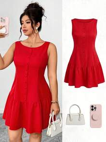 Elenzga Plus Size Women's Off Shoulder Sleeveless Patchwork A-Line Button Decor Elegant Casual Comfortable Red Short Dress, Romantic Date, Girlfriend Party - Red - View 1