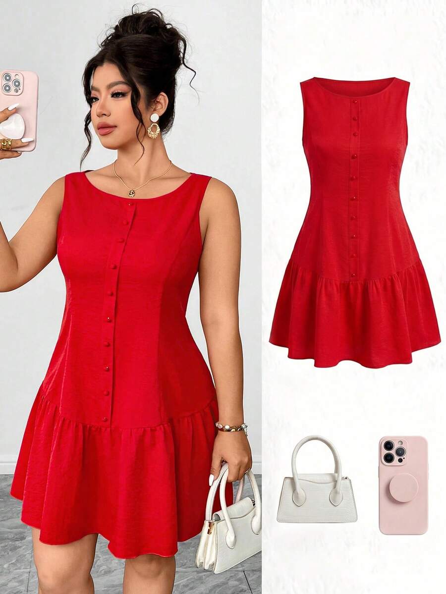 Elenzga Plus Size Women's Off Shoulder Sleeveless Patchwork A-Line Button Decor Elegant Casual Comfortable Red Short Dress, Romantic Date, Girlfriend Party - Red - View 1