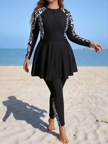 Swim Mulvari Conjunto burkini de talla grande con estampado floral de retazos para vacaciones de verano y playa - Blanco y Negro - Ver 1