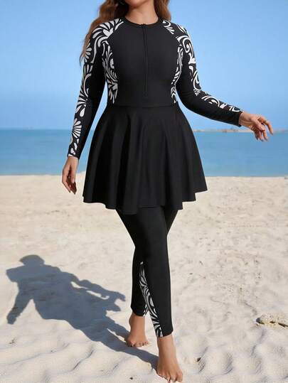 Swim Mulvari Bộ đồ bơi Burkini cỡ lớn dành cho kỳ nghỉ hè, họa tiết hoa ghép mảnh, có khóa kéo, thích hợp cho bãi biển.