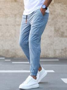 Manfinity Homme Men Slant Pocket Drawstring Waist Trousers - Dusty Blue - View 3