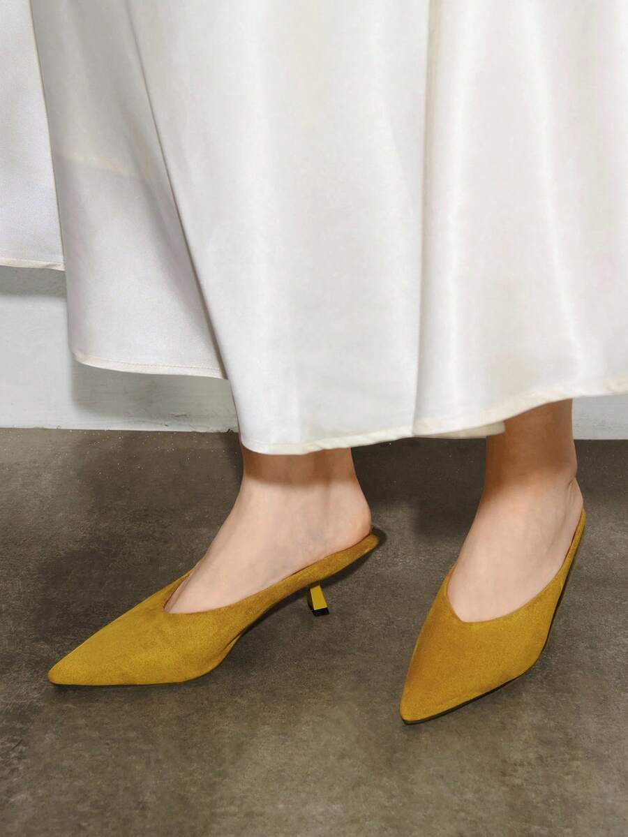 Bholvia Giày sandal bít mũi kiểu Pháp màu vàng cho nữ, sandal cao gót nhọn màu vàng, hở gót, kiểu dáng thanh lịch, thích hợp cho mùa hè.