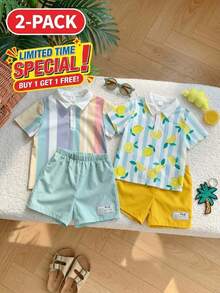 SHEIN 2pcs/Set Young Boy Striped Polo Shirt And Shorts Outfit For Summer,Matching Family Vacation,Casual Fashion Minimalist Soft Loose Korean Style Set - Yellow - View 1