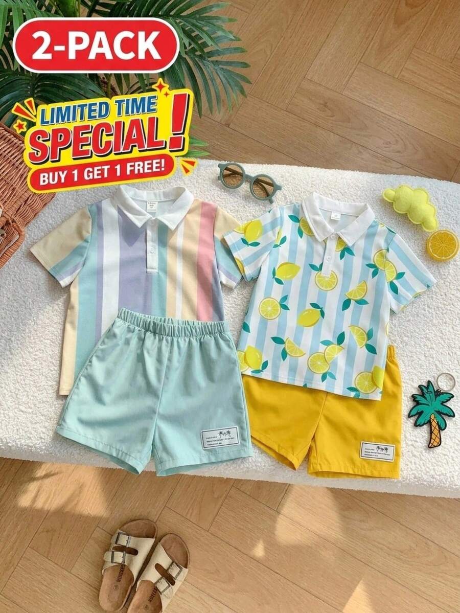 SHEIN 2pcs/Set Young Boy Striped Polo Shirt And Shorts Outfit For Summer,Matching Family Vacation,Casual Fashion Minimalist Soft Loose Korean Style Set - Yellow - View 1