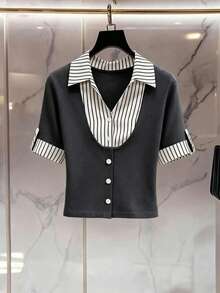 SHEIN Franclia Áo thun nữ tay ngắn cổ polo kẻ sọc phối màu, áo sơ mi tay ngắn cài nút in họa tiết, kiểu dáng thường ngày, thích hợp mặc đi làm, mẫu mới mùa hè thu 2026. - Xám - Xem 4
