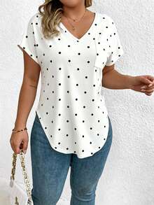 EMERY ROSE V-Neck Black Polka Dot Short-Sleeved Casual T-Shirt - Multicolor - View 1