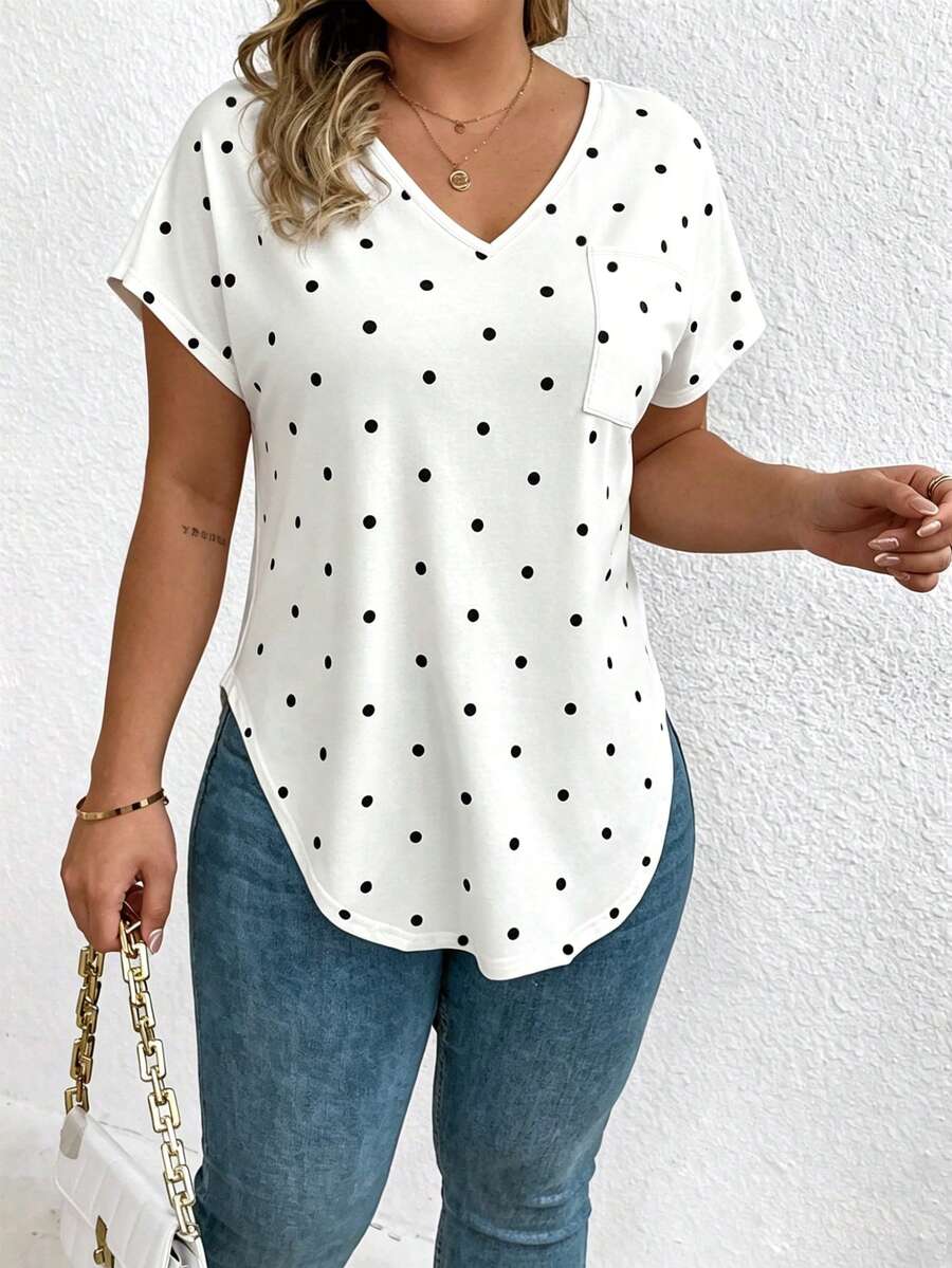 EMERY ROSE V-Neck Black Polka Dot Short-Sleeved Casual T-Shirt - Multicolor - View 1