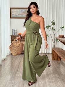 Weeklong Macacão Folgado e Confortável Plus Size com Cintura Marcada, Adequado para Passeios e Férias - Verde Militar - Visão 5