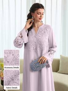 Al Najma V-Neck Flare Sleeve Patchwork 3D Embroidered Floral Trim Robe, Spring/Summer - Mauve Purple - View 8