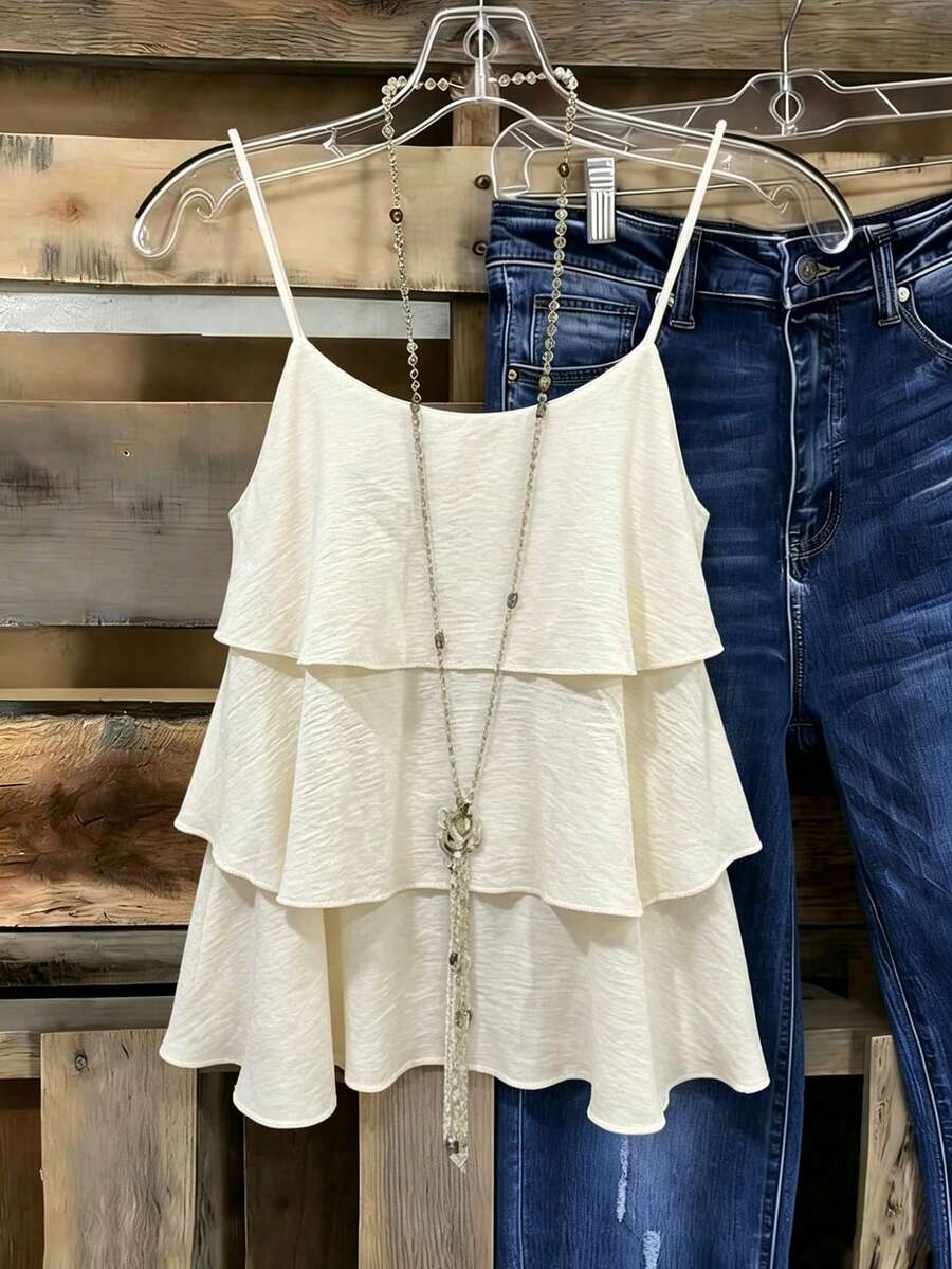 SHEIN Franclia 女士梭织休闲度假夏季上衣,荷叶边下摆吊带背心,适合度假和日常穿着 - 杏色 - 查看 1