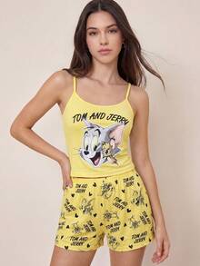 TOM & JERRY X SHEIN Bộ đồ ngủ nữ in chữ, áo hai dây và quần short - Màu vàng - Xem 5
