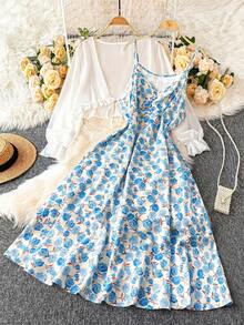 SHEIN Clasi Plus Size Women's Woven Printed Camisole Dress With Solid Chiffon Cardigan, Elegant 2-Piece Set, Spring/Summer - Blue - View 1