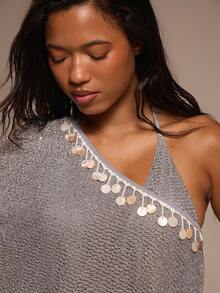Musera Resort Textured Shell Trim Off-The-Shoulder Floaty Asymmetric Cover Up Top Only Summer Holiday Vacation Beach Ibiza Cute Festival Elegant Cherry Moon - Silver - View 2