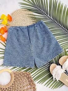SHEIN Tall Shorts vaqueros de mujer con lavado y lazo - Azul lavado medio - Ver 2