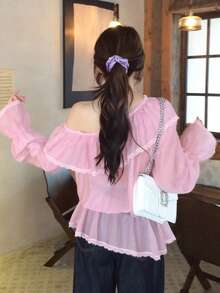 Livesso Women's Summer Solid Color Contrast Lace Asymmetrical Shoulder Ruffle Hem Blouse - White - View 3