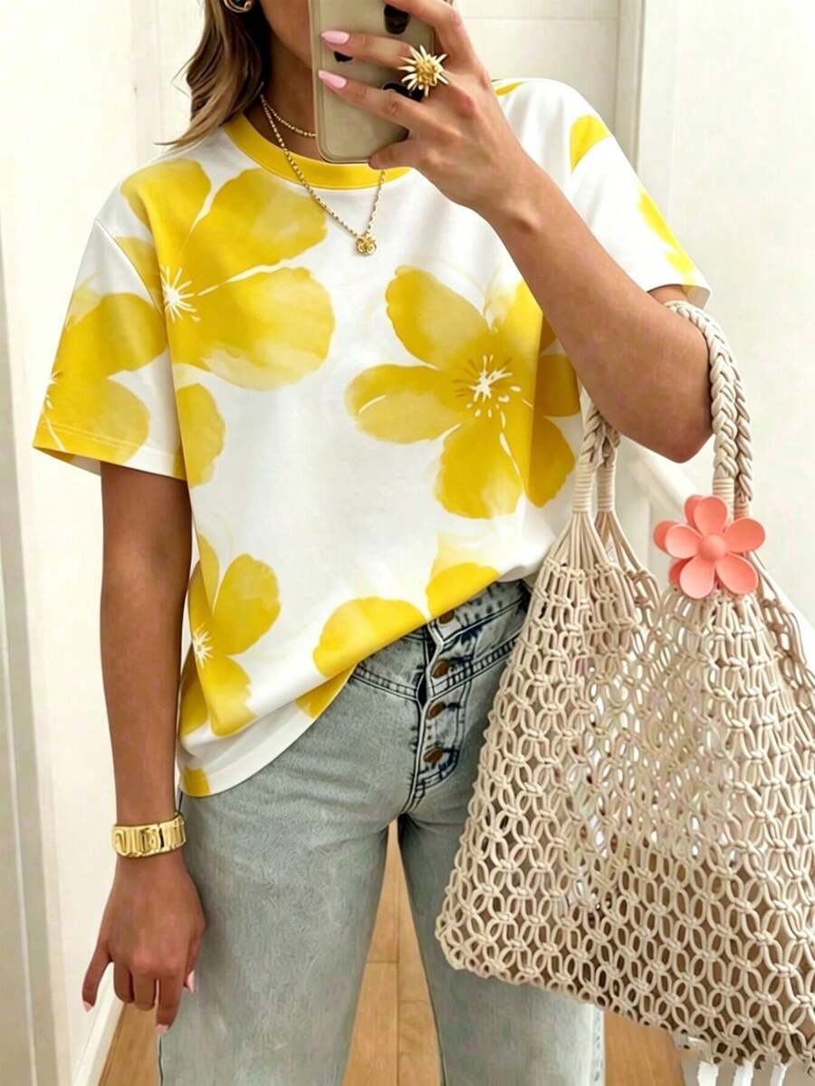 EMERY ROSE Women's Casual Floral Print Round Neck Short Sleeve T-Shirt, Summer - Multicolor - View 1