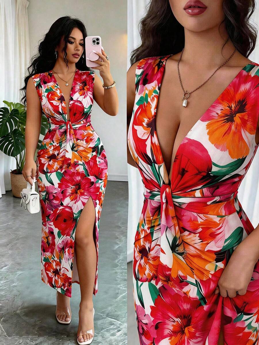 Elenzga Women's Floral Print V-Neck Slit A-Line Dress,White,Summer,Bachelorette Party,Vacation,Holiday,Waist Cinched,Elegant French Retro Mid-Length Fashion - Multicolor - View 1