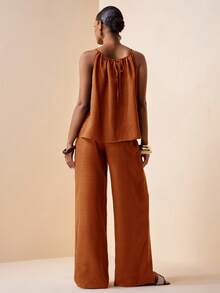 Zivah Women's Rust Brown 2-Piece Outfit,Elegant Summer Vacation Holiday Set,Halter Neck Ruched Loose Top & Ruched Wide Leg Pants With Real Pockets,Bamboo - Redwood - View 2