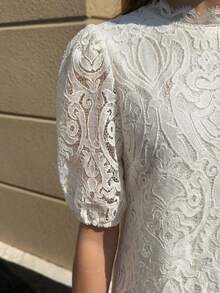 SHEIN Clasi 優雅白色蕾絲A字裙女款，法式風格夏季茶會穿搭，婚禮賓客情人節高雅度假節慶洋裝 - 白色 - 查看 8