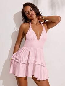SHEIN BAE Light Pink Summer Seductive Vacation Halter Neck Tie Strap Ruffle Hem A-Line Cute Solid Dress,Suitable For Beach Holiday,Music Festival,Y2K - Coral Pink - View 6