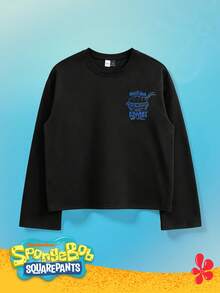 SpongeBob SquarePants | SHEIN Manfinity Hypemode 男士圆领黑色长袖休闲舒适卡通印花T恤，夏季 - 黑色 - 查看 2