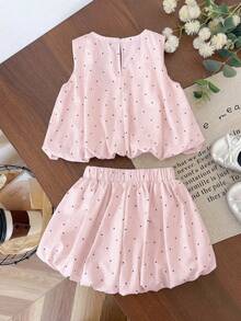 SHEIN Genkimix Kids 2 pièces Ensemble Top sans manches décontracté avec décoration de nœud et short décontracté de couleur unie pour filles Genkimix - Rose bonbon - Voir 2