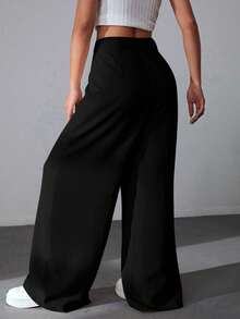 Pantalones casuales y versátiles de cintura alta con pierna ancha de unicolor - Negro 3 - Ver 2