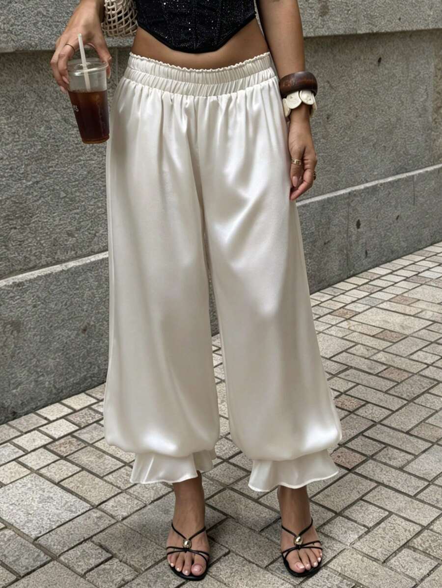 Cévolie 2026新款女士法式宫廷缎面弹力腰灯笼裤，休闲宽松长裤 - 杏色 - 查看 1