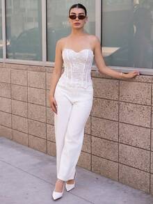 Andrea Bello Sexy Off-The-Shoulder Lace Double-Layer Fitted Corset Bustier Top, Hollow-Out Embroidered, Suitable For Vacation, Nightclub, Wedding Guest, Fall White Boho Top Lace White Top Lace Tops,Island Vacation Outfit,Music Festival Outfit,Cruise Vacation Outfit,Casual Vacation White Corset Tops For Women,Summer Top - White - View 5