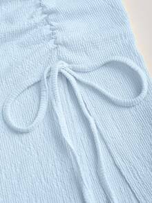 Sweetra Setelan 2 Potong Modis Warna Polos dengan Tali Bahu Miring dan Detail Kerut, Cocok untuk Liburan Musim Panas, Warna Biru Muda yang Elegan - Baby Blue - View 6