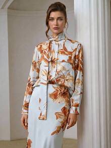 ZEYLAH Women's Printed Ribbon Tie Long Sleeve Blouse - Blue - View 6